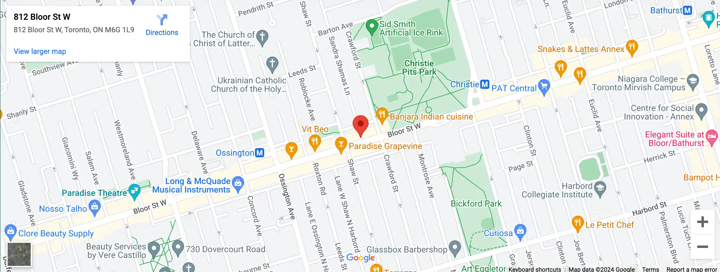 Map of 812 Bloor St W west of Christie Pits Park